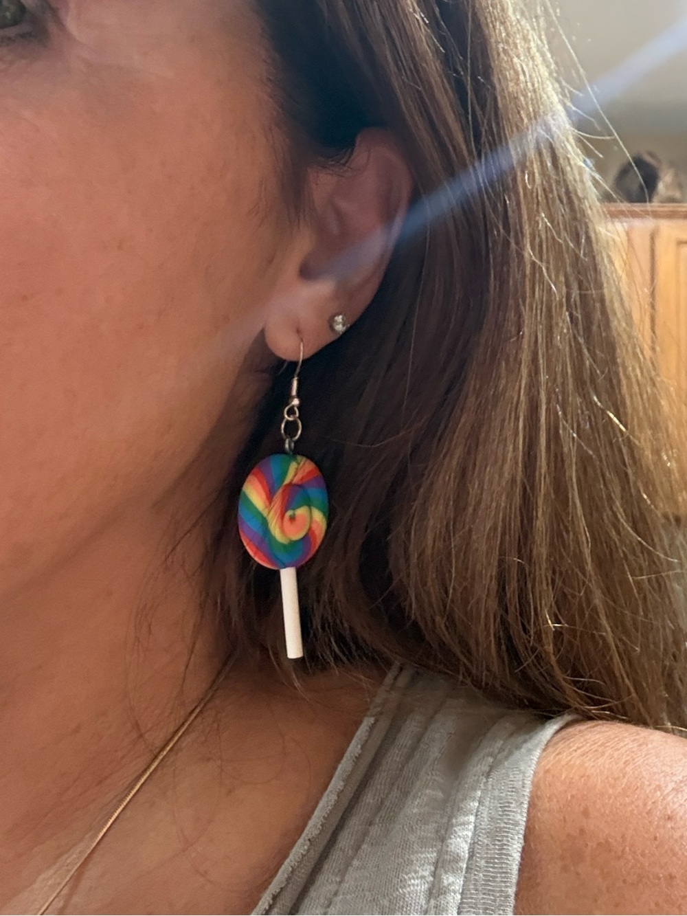 Rainbow Swirl Lollipop Dangle Earrings - Picture 3 of 3
